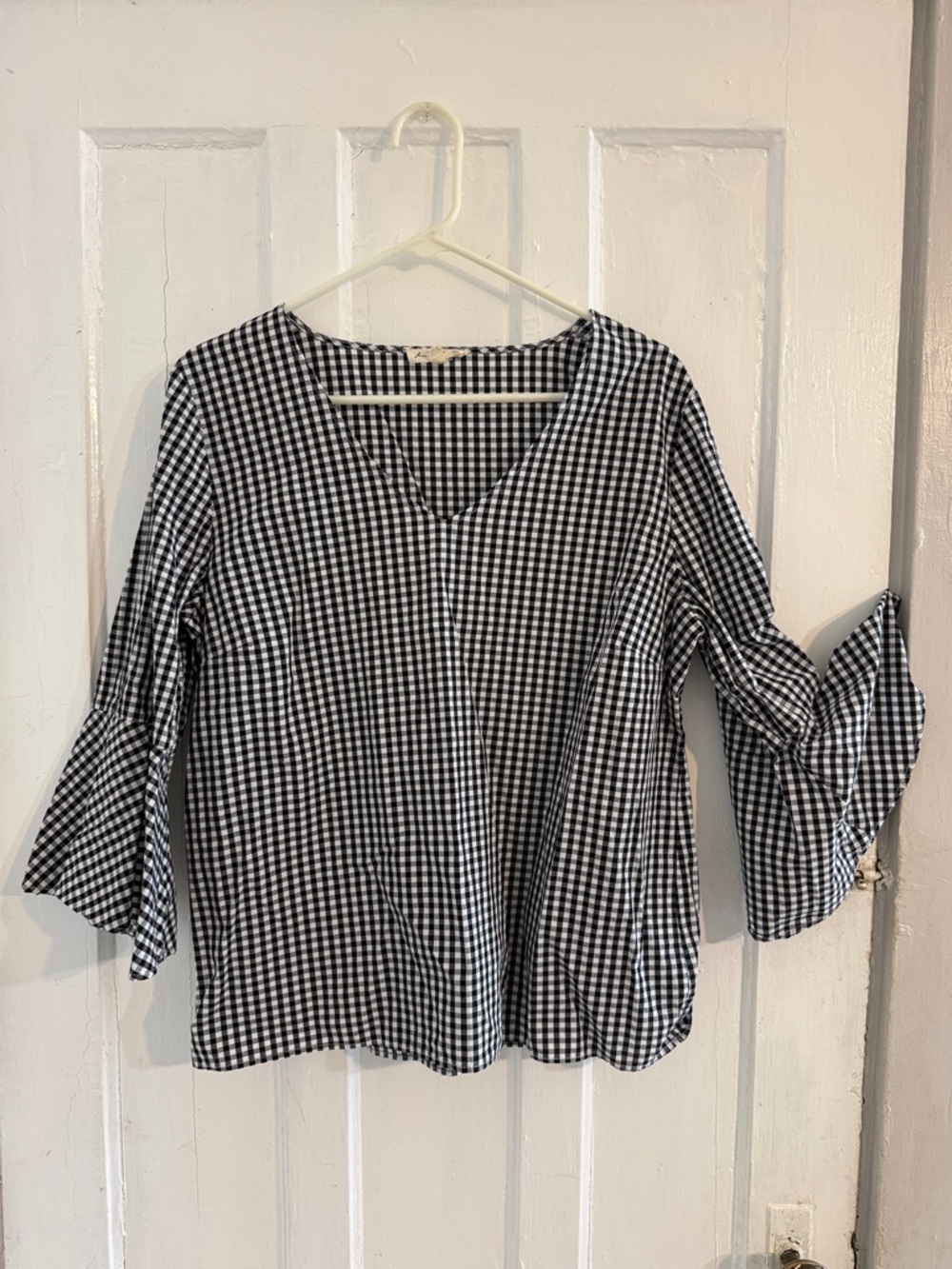 Jane and Delancey Black & White Gingham V‑Neck Bell Sleeve Top